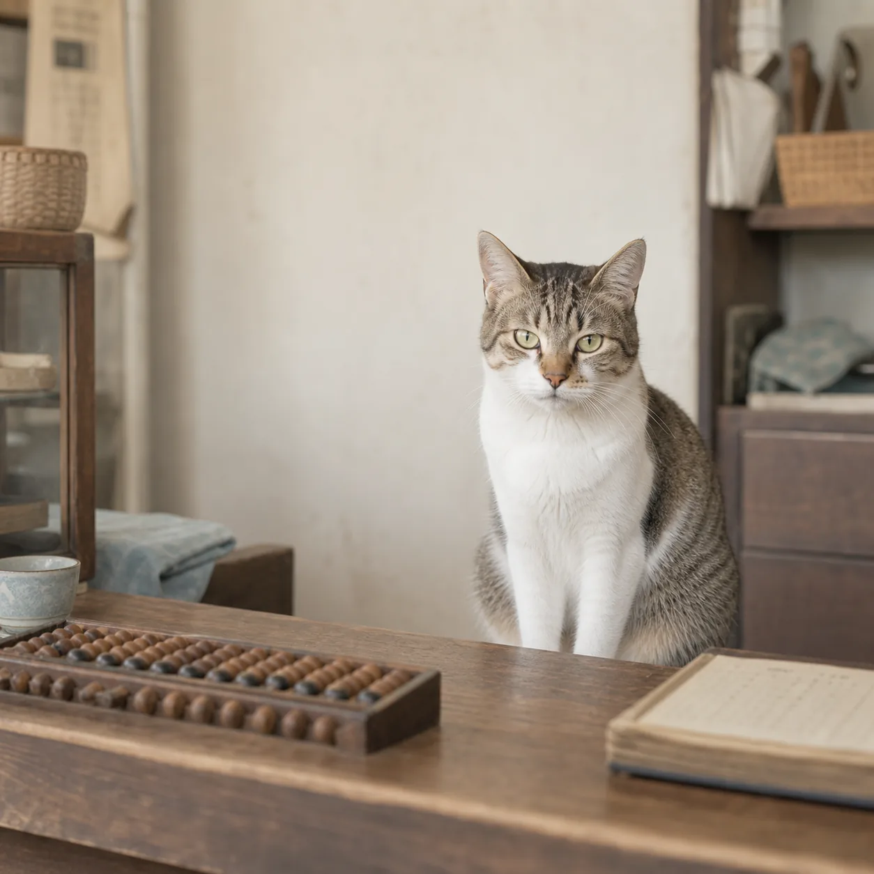 店の帳場に静かに座る猫