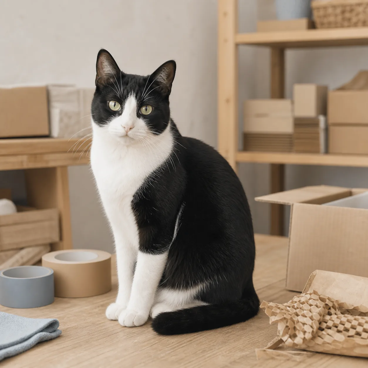 荷箱が並ぶ作業場に佇む猫