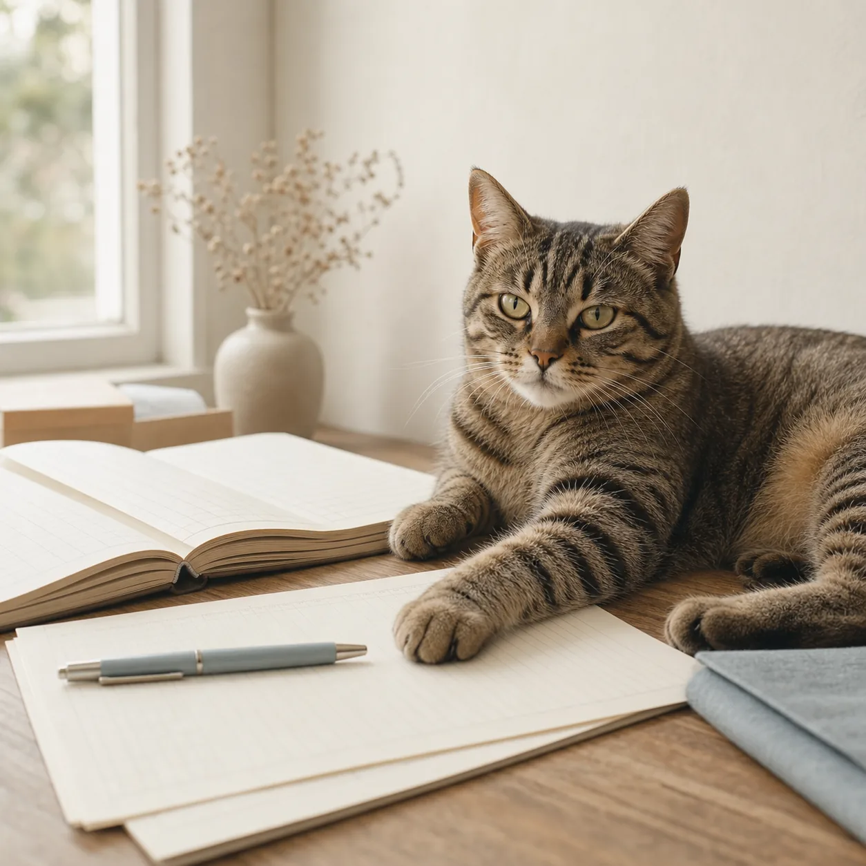 机の上で書類に寄り添う猫